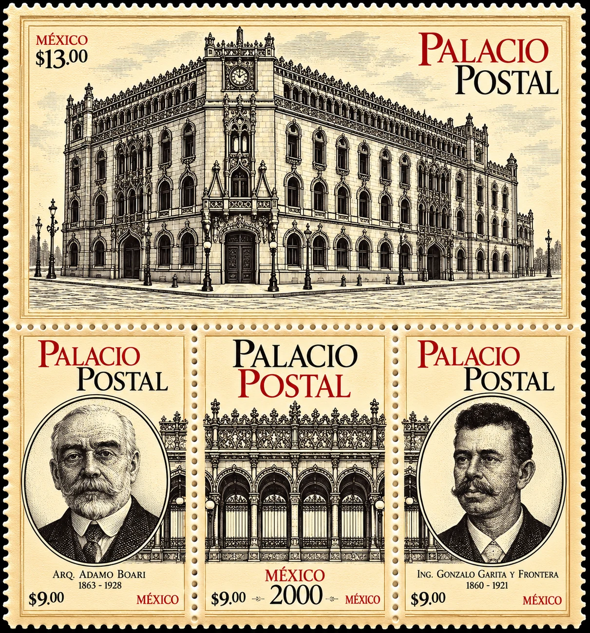 Hoja filatélica del Palacio Postal de México